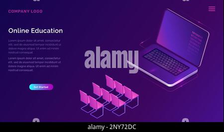 Isometrische Vektordarstellung für Online-Schulung oder -Schulung. Öffnen Sie den Laptop-Bildschirm und die Symbole für die Sitze auf dem violetten Banner, und öffnen Sie die Startseite für Fernunterrichtskurse Stock Vektor