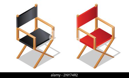 Isometrisches Symbol für Film- oder Regisseurstuhl mit Schatten- und Cartoon-Vektordarstellung. Faltbare 3D-Sitze aus schwarzem und rotem Holz für Produzenten oder Schauspieler, isoliert auf weißem Hintergrund Stock Vektor
