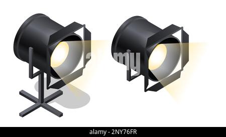 Isometrische Symbole für Bühne-Spotlights, Cartoon-Vektordarstellung isoliert auf weißem Hintergrund. Professionelle Beleuchtungsausrüstung für Theateraufführungen, Filmaufnahmen und Fotostudio Stock Vektor