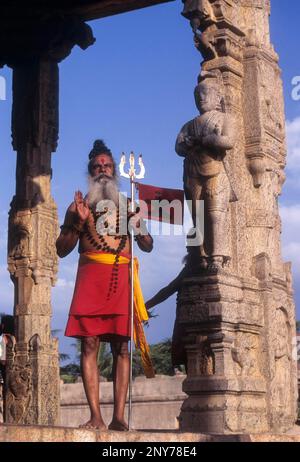 Ein Sadhu in Nandhi Mandapam in Thanjavur Brihadeeswarar, Brihadishvara Tempel, Tamilnadu, Indien Stockfoto