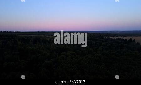 Panoramablick aus der Vogelperspektive auf den Bauernhof bei Sonnenuntergang. Clip. Die Drohne fliegt über landwirtschaftliches Grünfeld Stockfoto