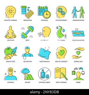 Symbol für gesunden Lebensstil und Wellness in farbigen Linien gesetzt. Gute psychische Gesundheit. Vektordarstellung. Stock Vektor