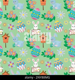 Musterbild für frohe osterferien mit Elementen aus Eiern, Kaninchen und Vogelhaus Stock Vektor