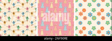 Groovy Hippie Happy Easter Nahtloses Musterset. Osterhintergründe im trendigen Retro-60s 70s-Cartoon-Stil Stock Vektor