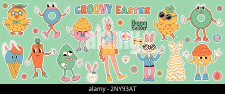 Tolle Hippie-Osteraufkleber. Osterhasen, Eier, Blumen, Hühner. Sticker-Pack mit Zeichentrickfiguren und -Elementen in einem trendigen Retro-60s 70s-Auto Stock Vektor
