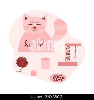 Pinkfarbene Katze mit Spielzeugen und Tellern. Katzenspiel- und Wohnzimmerkonzept. Stock Vektor