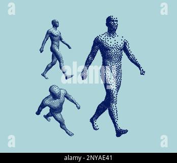 Abstrakter Mann tritt vor. Menschlicher Körper aus verschiedenen Blickwinkeln. Eine Person, die auf der Straße läuft. 3D-Vektordarstellung mit Stipple-Effekt. Stock Vektor