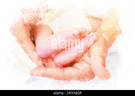 Aquarelle Babyfüße in Mutter- und Vaterhänden. Ein glückliches Familienkonzept. Wunderschönes konzeptionelles Bild der Elternschaft Stockfoto