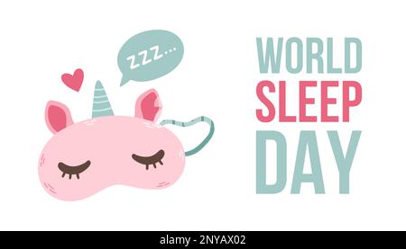 Weltschlaftag – Postkarte oder Banner. Vektordarstellung einer süßen Schlafmaske mit Text an einem internationalen Feiertag Stock Vektor