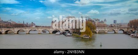 Paris, die Pont-Neuf an der seine, mit dem Platz Vert-Galant auf der ile de la Cite Stockfoto