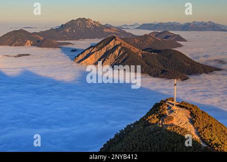 Blick vom Herzogstand auf Jochberg und Benediktenwand, Bayerische Alpen, Walchensee, Bayern, Alpen, Deutschland, Europa Stockfoto