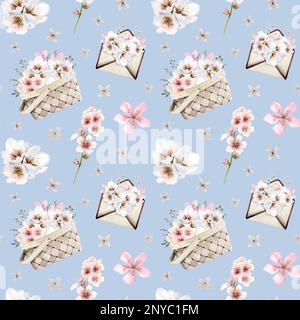 Florales, wasserfarbenes, nahtloses Muster mit pinkfarbenen Mandelblumen, Kirsche, Sakura, blühenden Pfirsichblüten auf Hellblau für Hochzeit und Muttertag Stockfoto