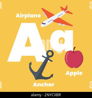 Süße Kinder ABC-Schlagwörter mit dem Buchstaben A für Kinder, die englischen Vokabular lernen. Flugzeuganker Apple. Vektordarstellung Stock Vektor