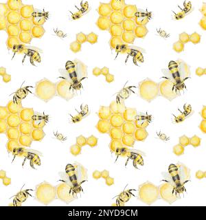 Aquarell handgezeichnetes Muster von Bienen und Honig, isoliert auf weißem Hintergrund Stockfoto