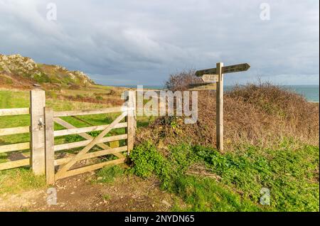 Küstenlandschaft mit Fußwegschild, Prawle Point, Devon, England, Großbritannien Stockfoto