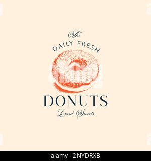 Abstraktes Schild, Symbol oder Logo-Vorlage für Donuts Confectionary. Handgezeichneter Sweet Donut und Typographie. Das Lokale Bakery Vector Emblem Konzept. Isoliert. Stock Vektor