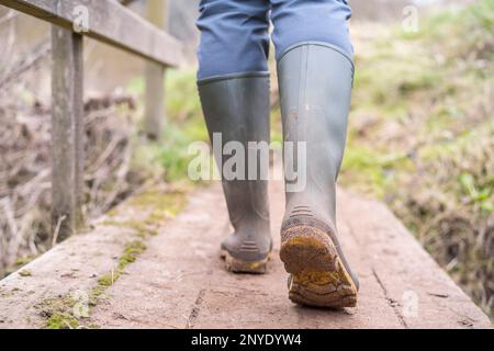 Hinterer tiefer pov/niedriger Winkel einer Frau mit grünen Gummistiefeln, die auf einer Holzstege in einem Landpark läuft. Stockfoto