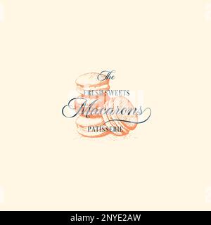 Premium Macarons Süßigkeiten. Süßwaren Abstraktes Zeichen, Symbol oder Logo Vorlage. Handgezeichnete Kuchen und Typografie in einem Rahmenabzeichen. Lokaler Bäckereivektor Stock Vektor