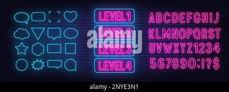 Neonschild der Ebene 1,2,3,4 auf Backsteinwänden. Vorlage. Neonrosa Alphabet- und blaue Sprechblasenrahmen Stock Vektor