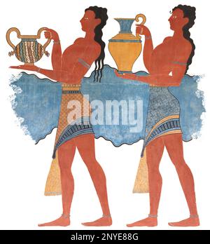 Minoische Figuren Wandmalerei Fresco Knossos antikes Kreta Griechenland, isoliert Stockfoto