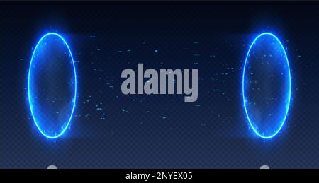 Magisches Portal, realistischer Teleporttunnel mit Glitzereffekt, futuristisch leuchtende blaue Neonringe. Stock Vektor