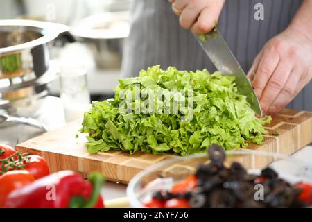 Die Hände des Kochs bereiten Gemüsesalat-Nahaufnahmen zu Stockfoto