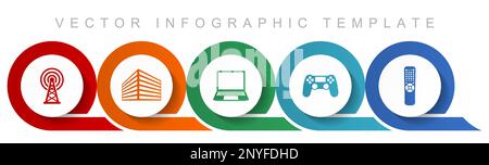 Technologie-Symbolsatz, verschiedene Symbole wie Antenne, Bürogebäude, Laptop, Gamepad, tv-Fernbedienung für webdesign und mobile Anwendungen, Flat Desi Stock Vektor