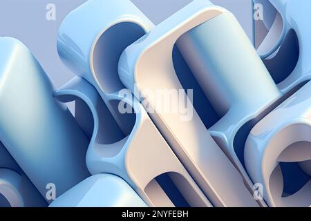 3D abstrakte geometrische Figuren in Blau und Weiß auf hellblauem Hintergrund Stockfoto