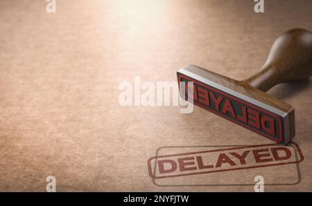 Gummistempel auf Kartonhintergrund mit eingeprägtem Wort „verzögert“. 3D Abbildung Stockfoto