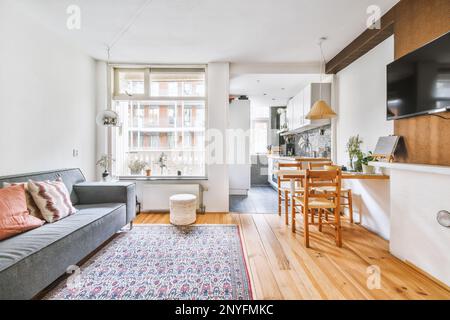 Einfaches Wohnzimmer mit moderner Couch und Stühlen mit Regal und Dekoration auf Holzboden in einem modernen Apartment Stockfoto