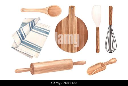 Aquarell Set Accessoires Küche Utensilien Clipart für Bäckerei. Das Set umfasst einen Holzspachtel und einen Löffel sowie ein Küchentuch. Perfekt als Tisch Stockfoto