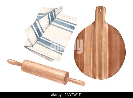 Aquarell Set Accessoires Küche Clipart für Bäckerei. Das Set enthält ein Holzbrett, eine Rollnadel und ein Küchenhandtuch. Perfekt als Tisch Stockfoto