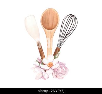 Aquarelle Küchenwerkzeuge mit Blumen. Isolierte Elemente auf weißem Hintergrund. Hintergrund für Ihr Design: Speisekarte des Restaurants, Rezept Stockfoto