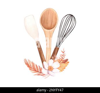 Aquarelle Küchenwerkzeuge mit Blumen. Isolierte Elemente auf weißem Hintergrund. Hintergrund für Ihr Design: Speisekarte des Restaurants, Rezept Stockfoto