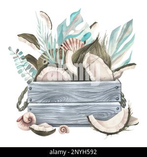 Ganze Kokosnüsse und Scheiben mit tropischen Palmenblättern und Schalen in einer grauen Holzkiste. Aquarelldarstellung. Vorlage auf weißem Hintergrund von Stockfoto