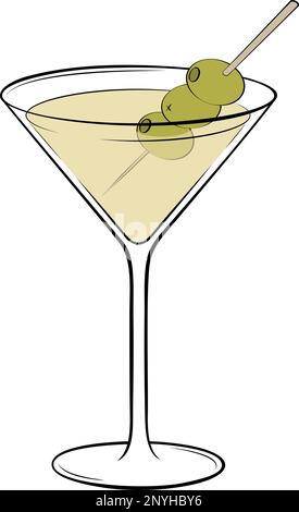 Klassischer trockener Martini-Cocktail mit Ziergarnierung aus grünen Oliven. Klassische alkoholische Getränke-Vektordarstellung Stock Vektor