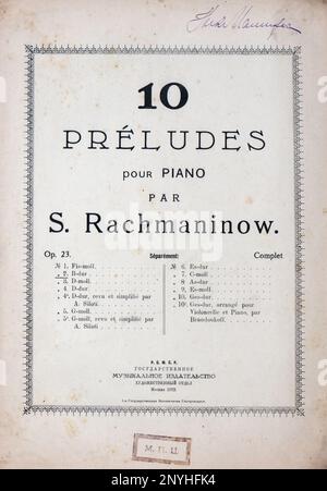 Vintage-Noten von 10 Präludes für Klavier. Op.23 2 B-dur' von Sergei Rachmaninoff, UdSSR, 1922. Stockfoto