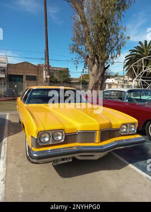 Lanus, Argentinien - 24. September 2022: Altes 1973 Pontiac Catalina 400 viertüriges gelbes Taxi in einem Park. Natur, Bäume. 2022 AAA Oldtimer-Show. Stockfoto