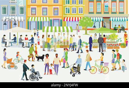 Wohngebiet in der Stadt mit wöchentlichem Markt und Stadtleben, Illustration, Stock Vektor