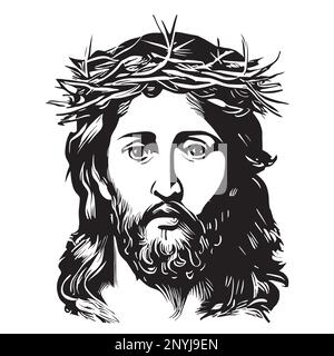 Porträt von Jesus in einem Kranz, handgezeichnet, in Doodle-Style-Illustration Stock Vektor