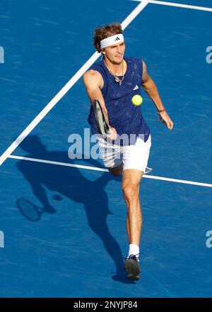 Dubai, VAE, 2. März 2023. Deutscher Tennisspieler Alexander Zverev in Aktion beim Dubai Duty Free Tennis Championships Turnier im Dubai Duty Free Tennis Stadium am Donnerstag, den 2. März 202., © Juergen Hasenkopf / Alamy Live News Stockfoto