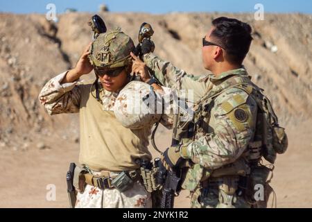 Ein japanischer Soldat versucht es mit einer US-Armee Army Enhanced Combat Helmet gehört einem Soldaten der Charlie Company, 1. Bataillon, 69. Infanterie-Regiment, während eines gemeinsamen Kleinwaffenlagers in der Nähe von Camp Lemonnier, Dschibuti, 10. Januar. Derzeit sind mehr als 1.200 Soldaten der Nationalgarde der New York Army nach Dschibuti, Kenia und Somalia entsandt. Stockfoto