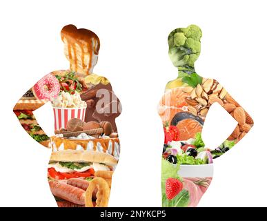 Silhouetten von übergewichtigen und schlanken Frauen gefüllt mit ungesunden und gesunden Lebensmitteln auf weißem Hintergrund, Collage. Illustration Stockfoto