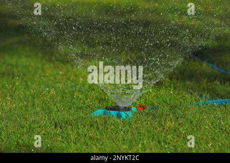 Automatische Sprinkler zur Bewässerung von Grüngras im Freien. Bewässerungssystem Stockfoto