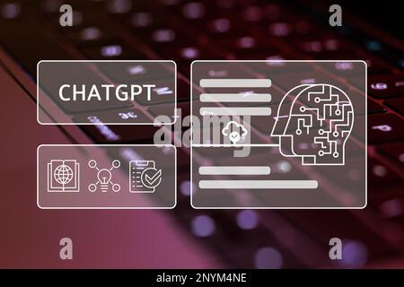 Chatgpt-Chatbot auf verschwommenem Hintergrund der Laptop-Tastatur. KI-Digitalkonzept mit künstlicher Intelligenz. Hochwertiges Foto Stockfoto