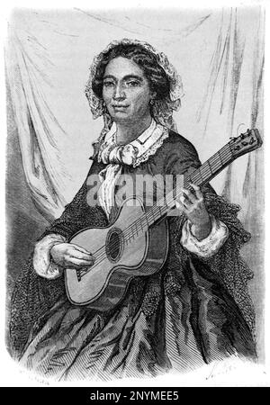 Porträt von Célimène, Mulatress, Mulatto oder Mulatta Musiker und Dichter, gemischter Rasse, métis oder kreolischer Frau oder Entertainerin auf La Réunion Island. Vintage-Gravur oder Abbildung 1862 Stockfoto