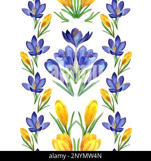 Frühling Nahtloses Krokusmuster im ukrainischen Stil. Handbemalte, traditionelle Ornamente in Aquarellfarben. Botanisches Design für Textilien, Verpackungen, Stockfoto