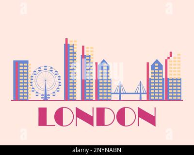 Londoner Landschaft im Vintage-Stil. London Retro-Banner mit Brücke und Riesenrad in linearem Stil. Design von Druck-, Poster- und Werbematerial Stock Vektor