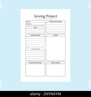 Nähprojekt KDP Innennotizbuch. Zeitschriftenvorlage für die Nachverfolgung von Projektaufgaben und Geschäftsinformationen. Das KDP-Innere eines Logbuchs. Nähmaterial PR Stock Vektor