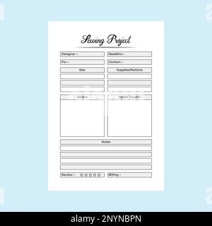 Nähprojekt KDP Innenzeitschrift. Prüfung der Arbeitsinformationen für die Nadel und Vorlage für die Aufgabenverfolgung. KDP-Innenraum eines Notebooks. Geschäftliche Informationen nähen Stock Vektor